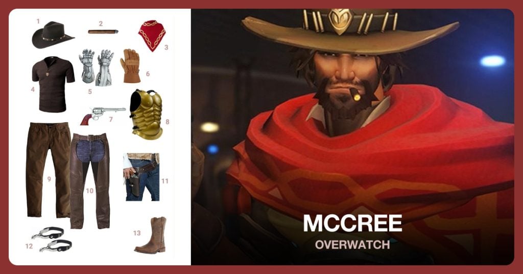 Cowboy Hat, Puff Cigar, Red Wrap Shawl Flannel Scarf and Brown Shirt beside McCree