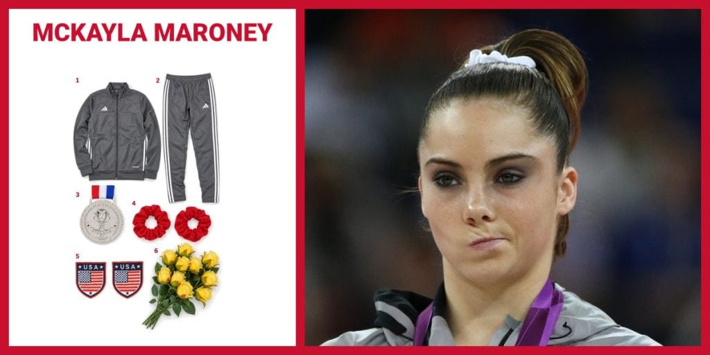 Grey Tiro Track Jacket, Grey Tiro Track Pants, Second Place Silver Medal and Red Hair Scrunchie beside McKayla Maroney