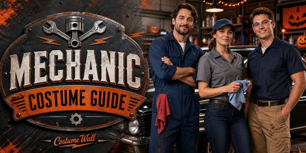 Men’s Blue Mechanic Coveralls, Women’s Blue Coverall Costume and Gray Button-Up Work Shirt beside Mechanic