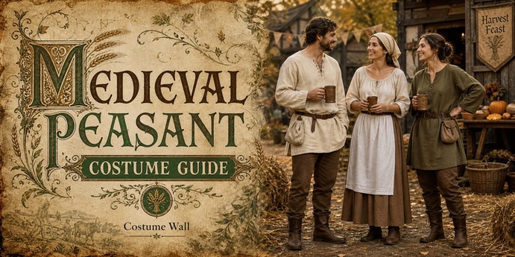 Cream Linen Tunic, Cream Peasant Blouse, Long Brown Skirt and Brown Trousers beside Medieval Peasant