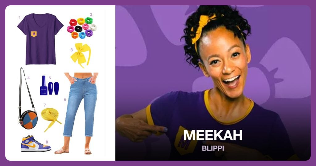 M Pocket Purple T-Shirt, Silicone Wristbands, Yellow Bow Headband and Crossbody Bag beside Meekah