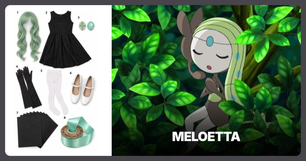 Gray-Green Long Curly Cosplay Wig and Black Sleeveless Pleated Fit-and-Flare Dress beside Meloetta