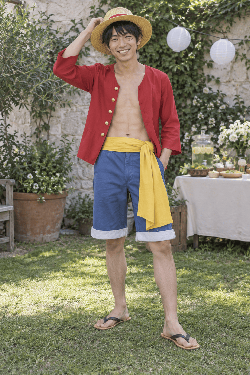 Costumer wearing Luffy’s straw hat, red jacket, blue shorts and yellow sash