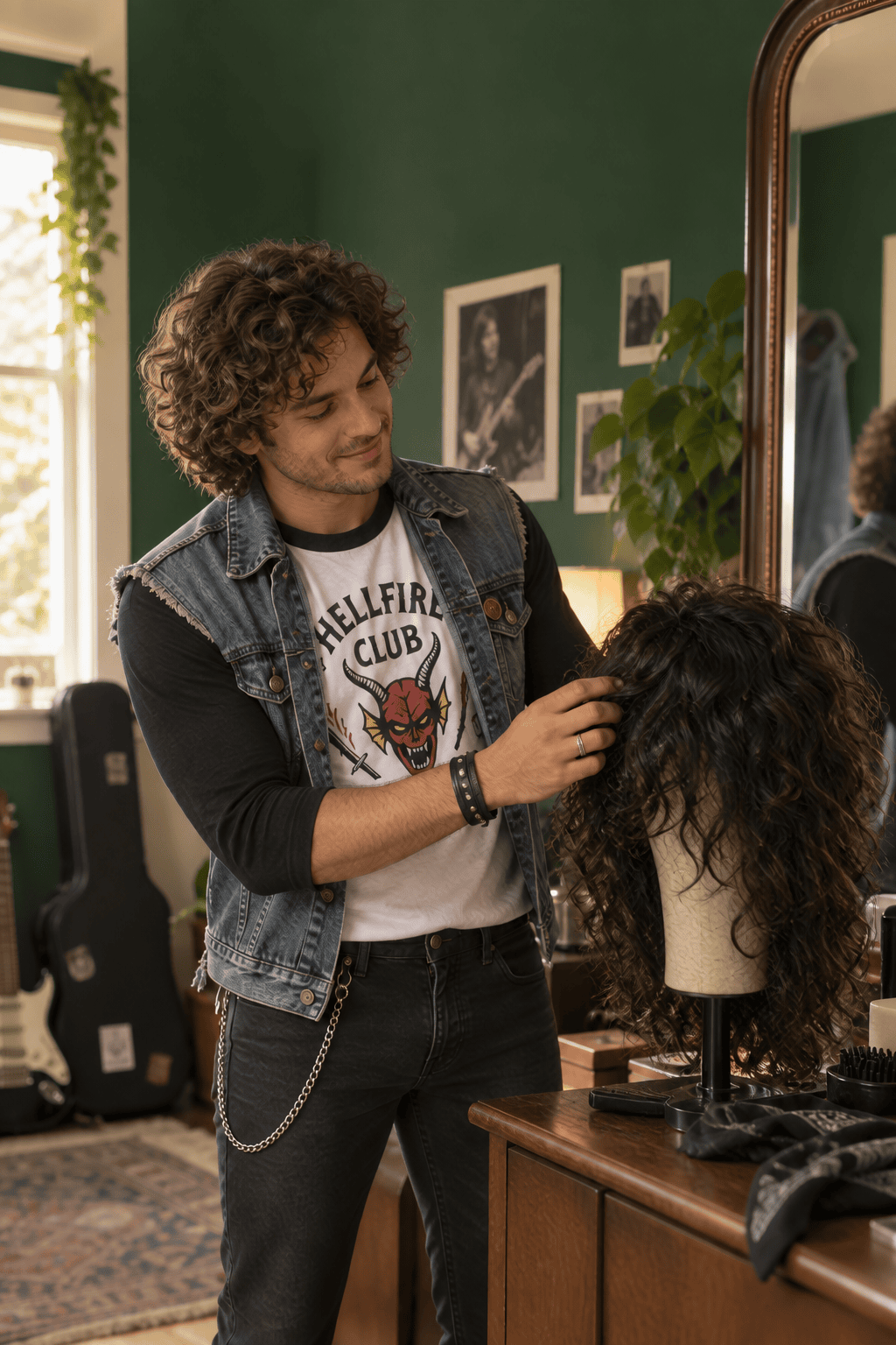 Curly-haired man preparing a costume wig