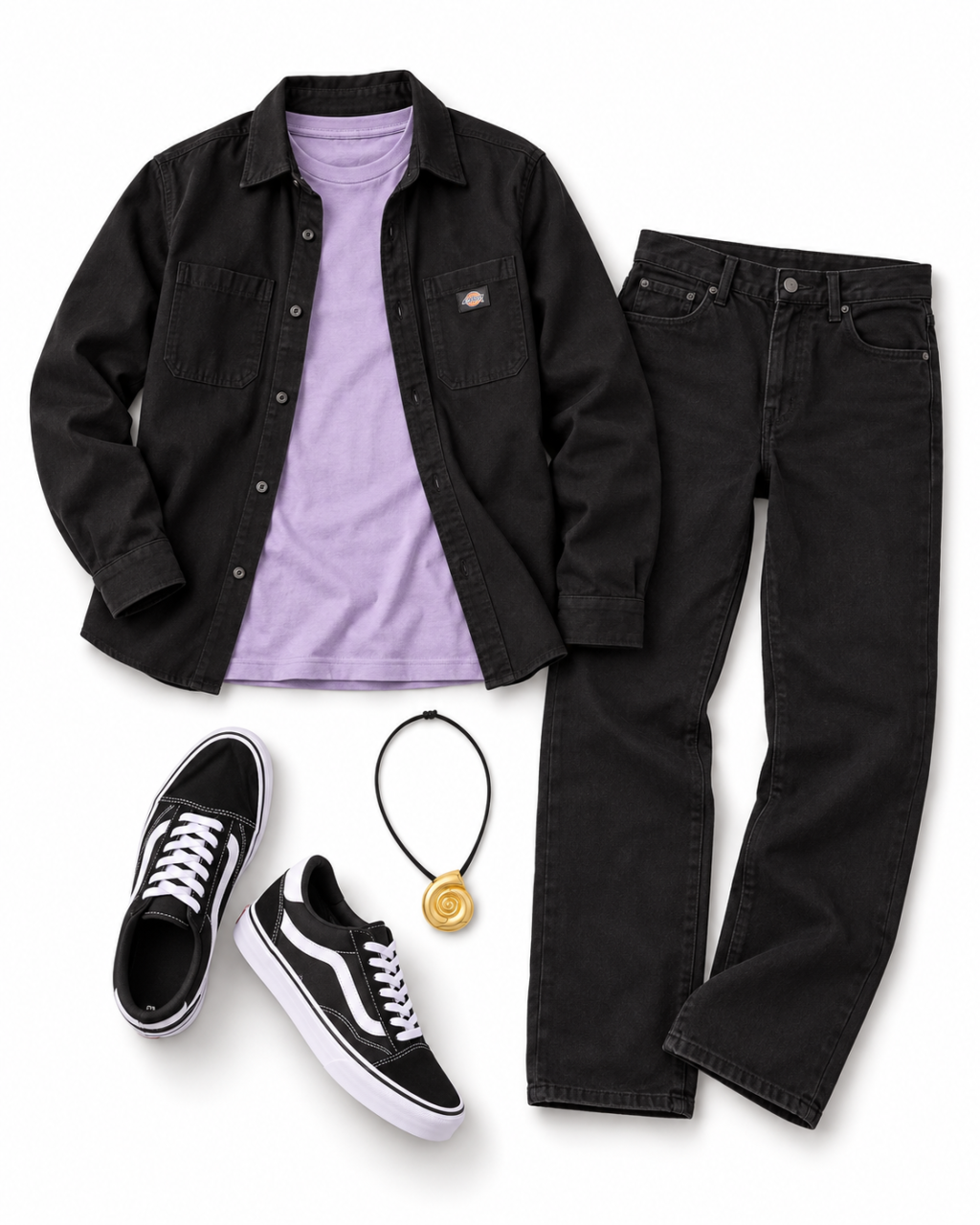 Black duck-canvas overshirt arranged open over a visible lavender tee, with black relaxed jeans, a gold spiral-shell pendant on a black cord and black-and-white low-top sneakers with a white side stripe.
