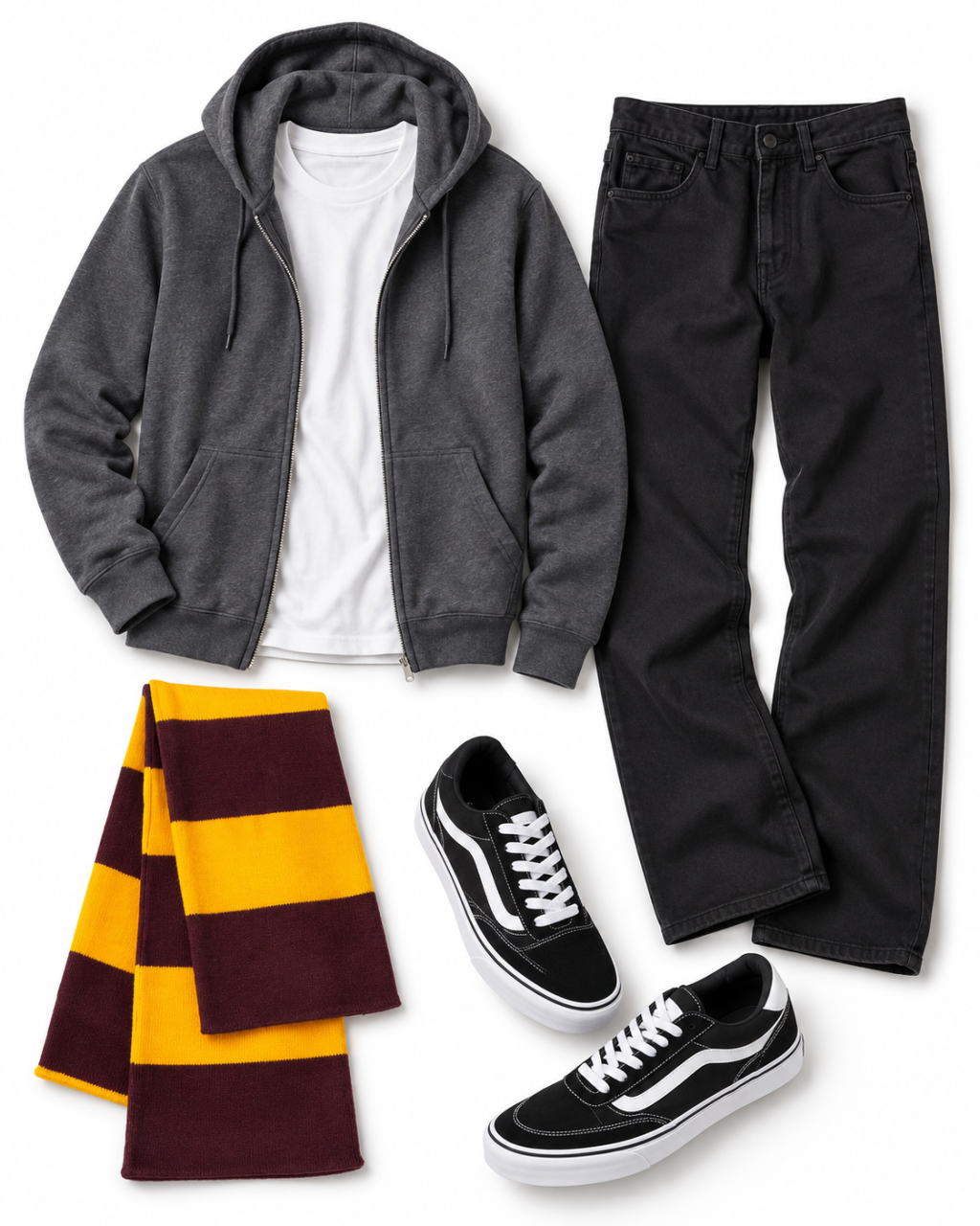 Open charcoal full-zip hoodie over a white crew tee with black relaxed jeans, a broad maroon-and-gold striped scarf and black low-top Vans with a white side stripe arranged on white.