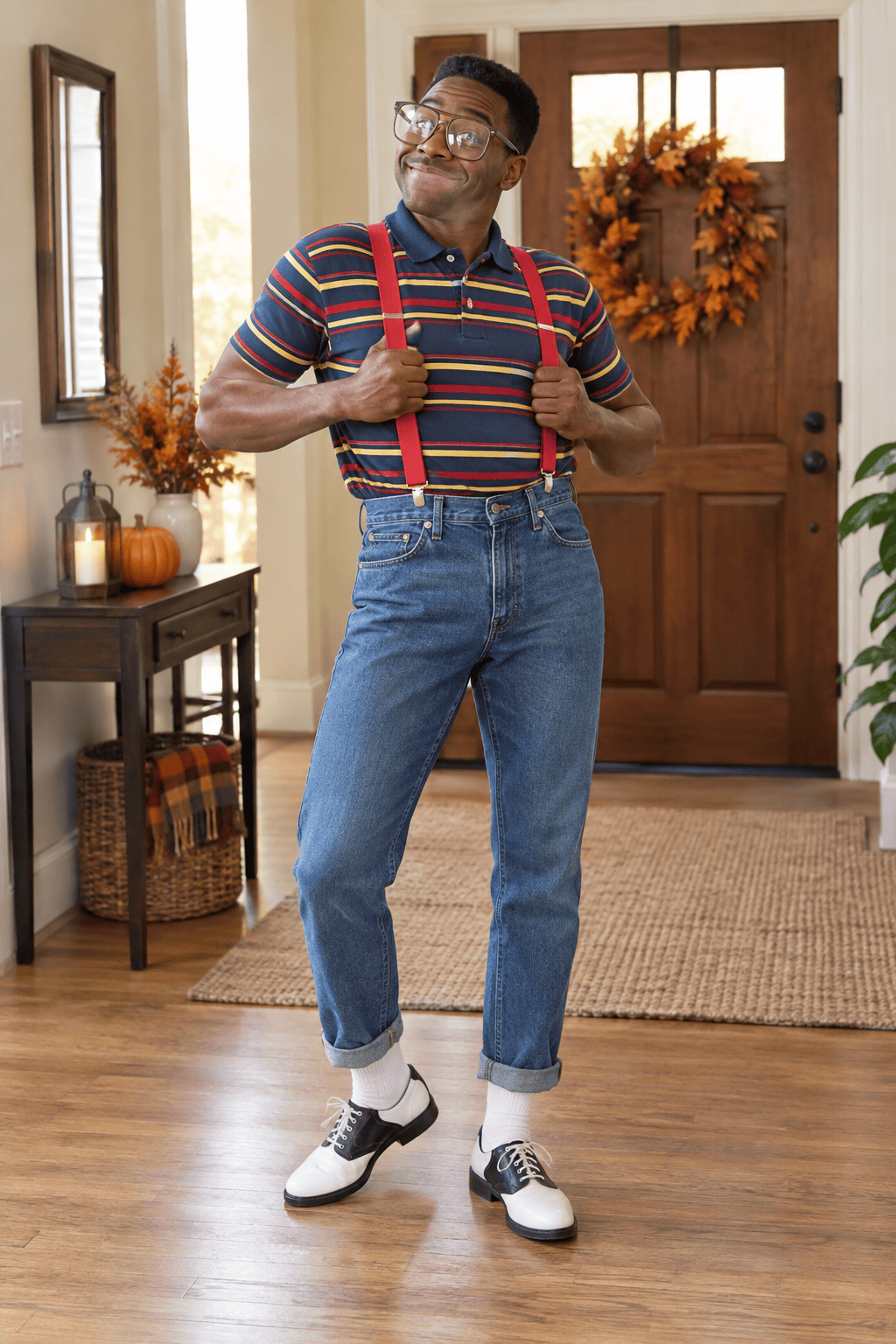 Man wearing large clear glasses, striped polo, suspenders and saddle shoes