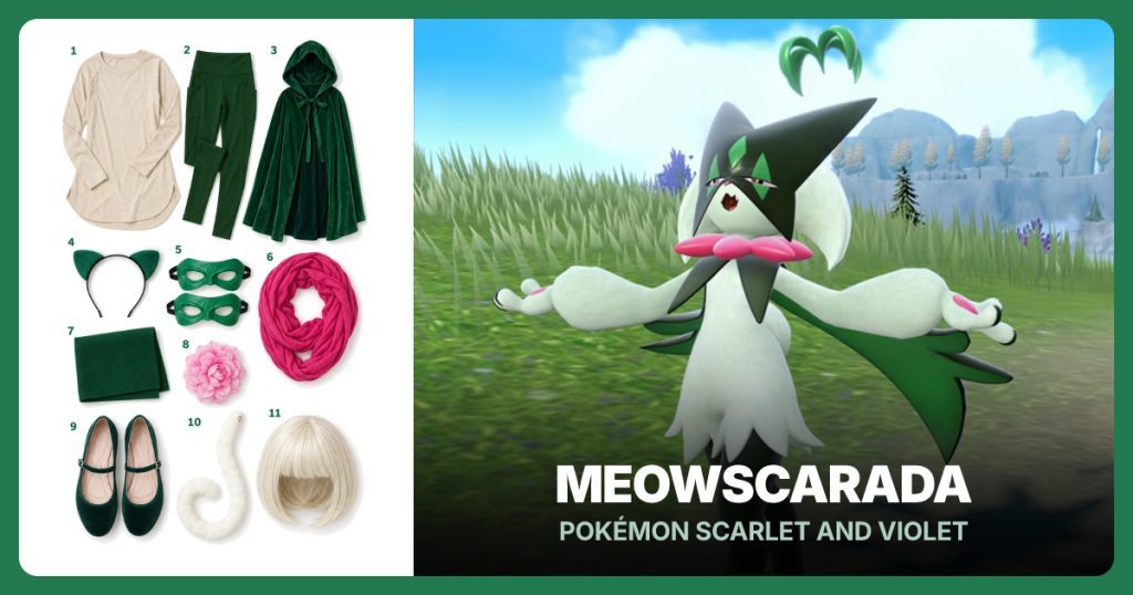 Cream Tunic, Dark Green Leggings, Green Short Cape and Dark Green Cat Ears beside Meowscarada