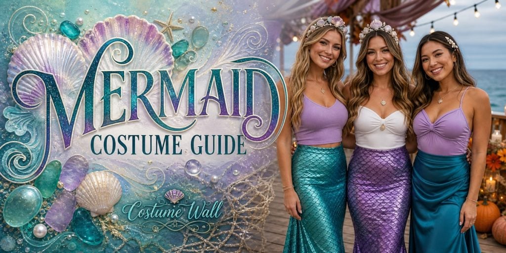 Green Scale Mermaid Skirt, Purple Mermaid Scale Skirt, Teal Satin Maxi Skirt and Lavender Fitted Ribbed Tee beside Mermaid