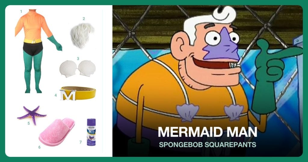 Aquaman Costume, White Short Hair Wig, Seashell Bra with Cord and Yellow Letter M Belt beside Mermaid Man
