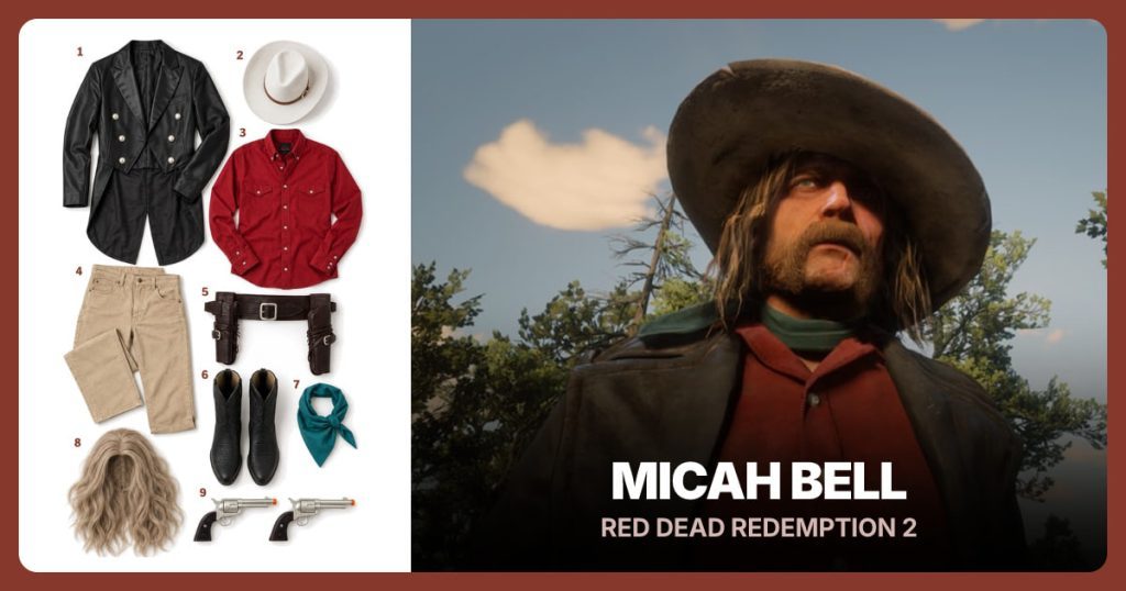 Black Faux Leather Tailcoat, Ivory Wide-Brim Cowboy Hat, Red Western Button-Down Shirt and Tan Cowboy-Cut Pants beside Micah Bell