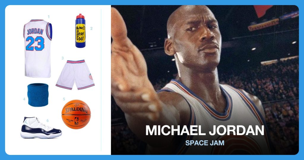Men’s Squad Basketball Jersey, Michael’s Secret Stuff Water Bottle and Basketball Squad Shorts beside Michael Jordan