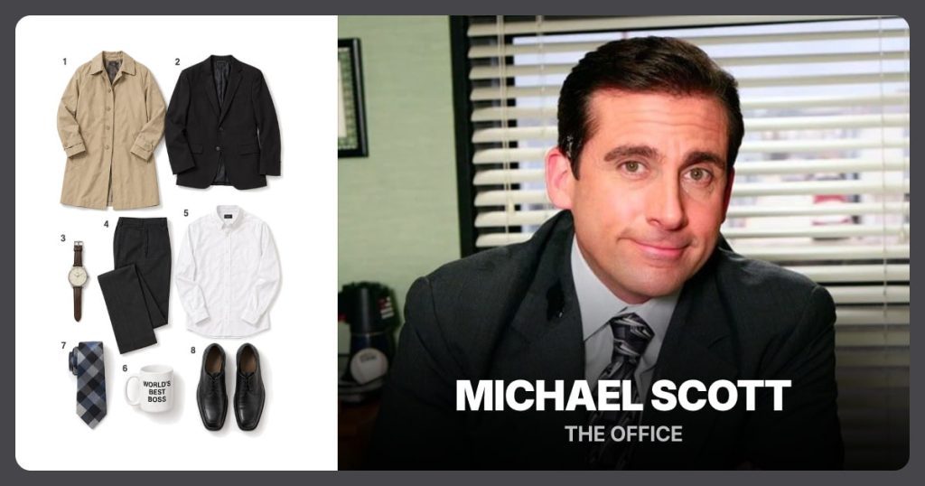 Taupe Raincoat, Black Suit Jacket, Brown Leather-Strap Watch and Dark Suit Pants beside Michael Scott