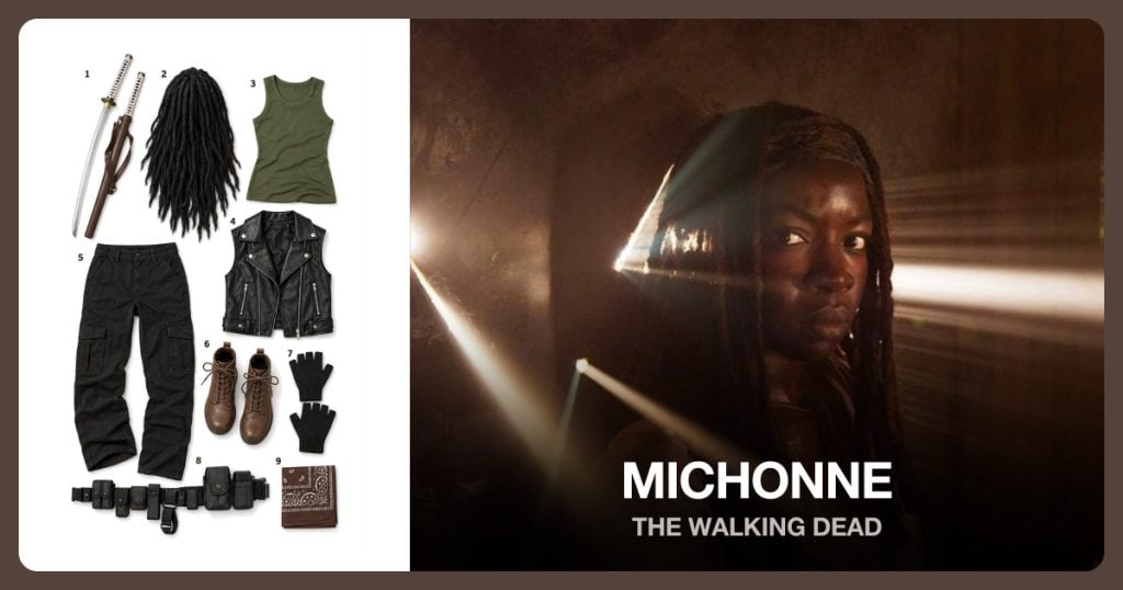 Michonne Katana Replica, Long Black Dreadlock Wig, Olive Fitted Tank Top and Black Faux Leather Vest beside Michonne