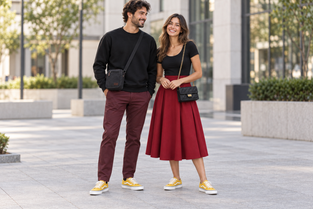 An adult man in a black sweatshirt and burgundy chinos stands beside an adult woman in a black top and plain wine-red A-line skirt, both wearing yellow sneakers.