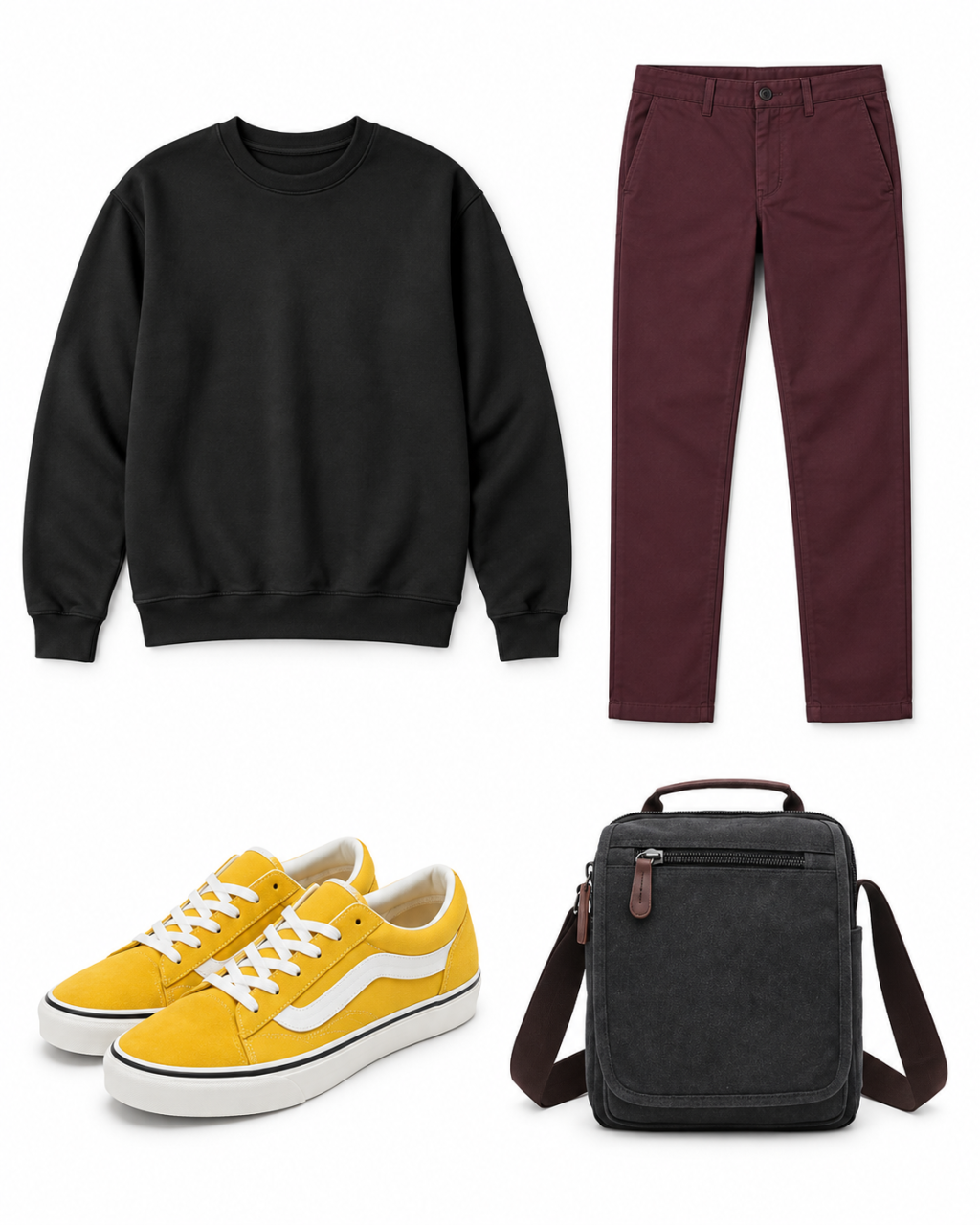 Plain black crewneck sweatshirt, burgundy straight chinos, mustard-yellow low-top sneakers and black canvas crossbody bag arranged on white.