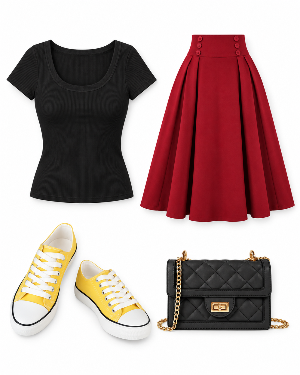 Black ribbed short-sleeve top, plain wine-red button-front A-line midi skirt, yellow canvas sneakers and small black quilted crossbody bag arranged on white.