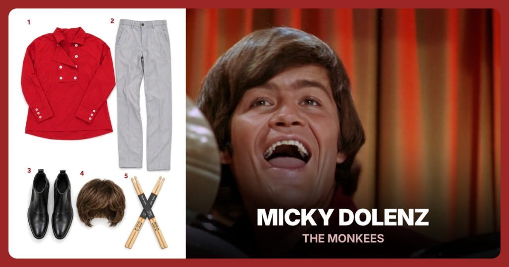 Red Eight-Button Bib Shirt, Light Gray Dress Pants, Black Chelsea Boots and Brown Mop-Top Wig beside Micky Dolenz