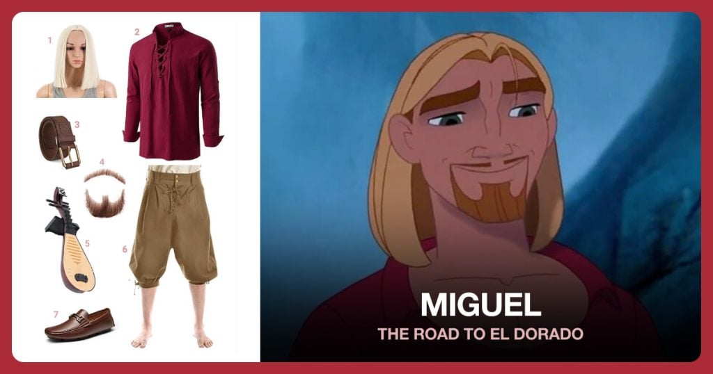 Blonde Middle Part Hair Wig, Men’s Brown Loafers, Men’s Khaki Jogger Pants and Fake Mustache beside Miguel