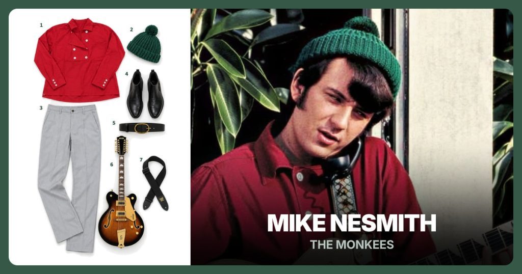 Red Eight-Button Bib Shirt, Green Pom-Pom Knit Hat, Light Gray Dress Pants and Black Chelsea Boots beside Mike Nesmith