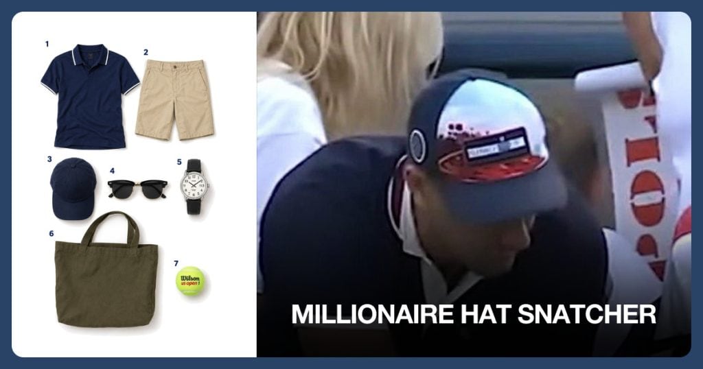 Navy Blue Polo Shirt, Khaki Chino Shorts, Navy Blue Baseball Cap and Classic Sunglasses beside Millionaire Hat Snatcher