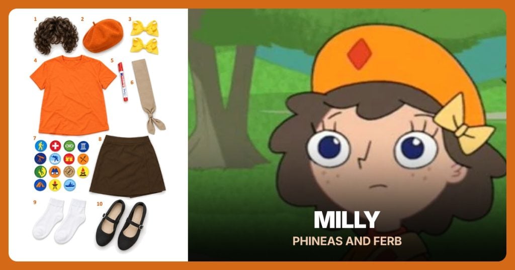 Short Curly Brown Wig, Orange Beret, Yellow Hair Bow Clips and Orange T-Shirt beside Milly