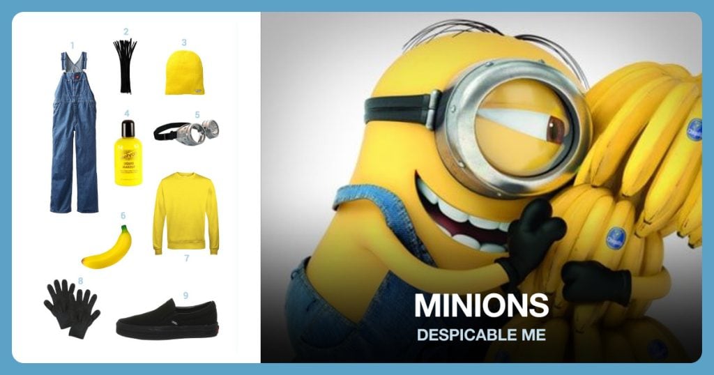 Minions costume from Despicable Me: Stone Washed Bib Overalls, Black Chenille Stems, Neff Daily Beanie, Yellow Liquid Face Paint