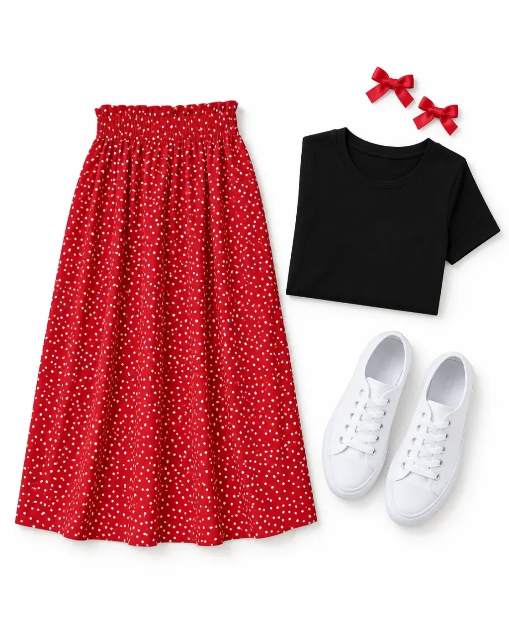 Red and white polka-dot midi skirt, black tee, two small red bows and white canvas sneakers arranged on a white background.