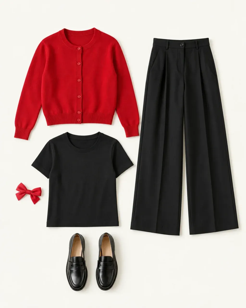 Red cardigan, black tee, black wide-leg trousers, a small red bow and black loafers arranged on a white background.
