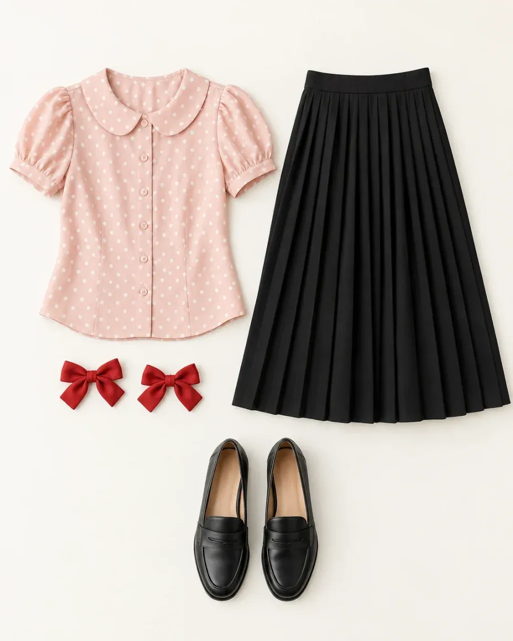 Pale pink blouse with small white polka dots, black pleated midi skirt, red bows and black loafers on a white background.
