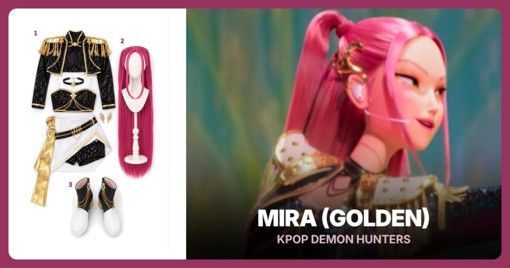 Black and Gold Stage Costume Set, Long Rose-Pink Wig and Black and White Ankle Boots beside Mira (Golden)
