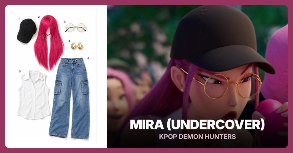 Black Baseball Cap, Long Straight Pink Wig, Gold Round Glasses and Gold Hoop Earrings beside Mira (Undercover)