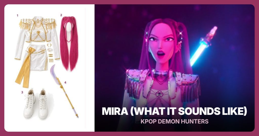 White Finale Costume Set, Long Pink Wig, White Ankle Boots and Moon Blade Prop beside Mira (What It Sounds Like)
