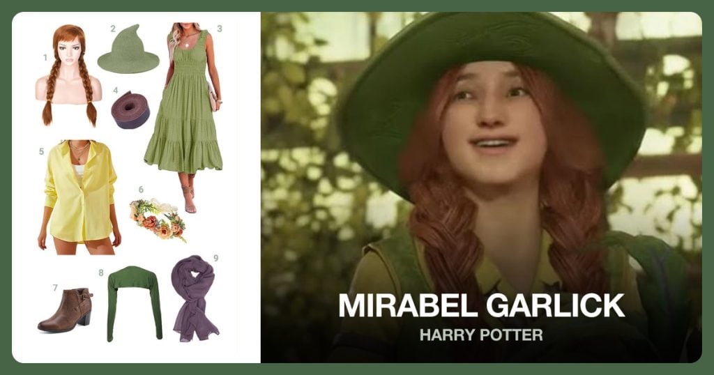Light Brown Braided Wig, Green Witch Hat, Sleeveless Summer Dress and Arm Leather Strap beside Mirabel Garlick