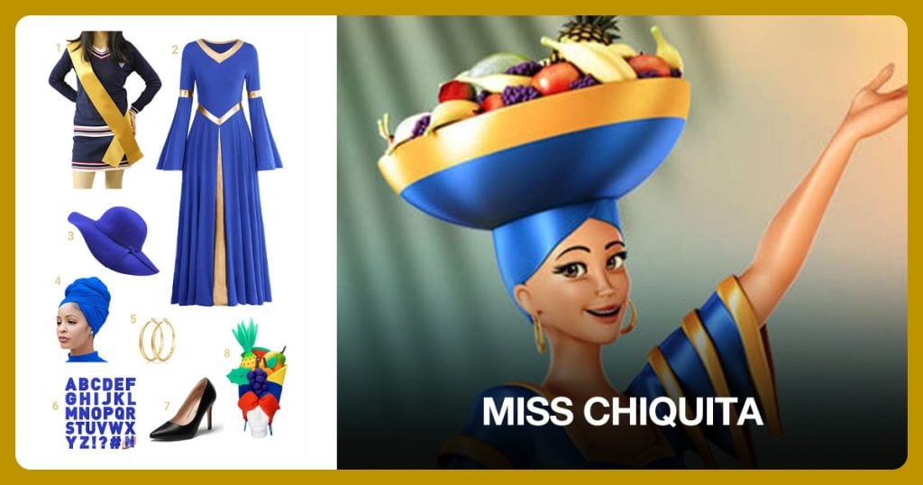 Gold Blank Sash, Blue Women’s Wide Brim Hat, Blue Women’s Wide Brim Hat and Blue Turban Headwrap beside Miss Chiquita