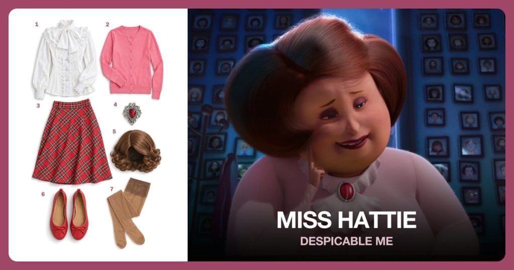 Miss Hattie costume from Despicable Me: White Ruffle Blouse, Pink Cardigan, Red Plaid Skirt, Red Gem Brooch