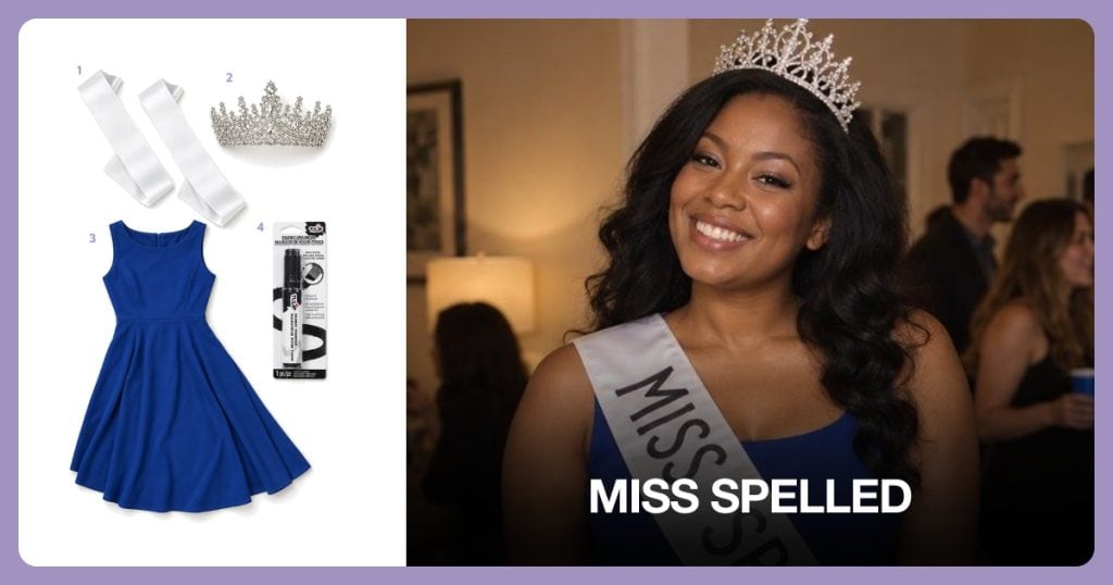 Blank White Sashes, Silver Pageant Tiara, Royal Blue Cocktail Dress and Black Fabric Marker beside Miss Spelled