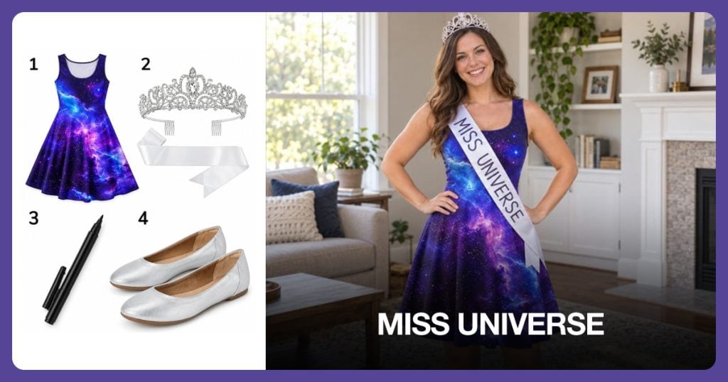 Galaxy Print Dress, Tiara and Blank Sash, Black Fabric Marker and Silver Ballet Flats beside Miss Universe