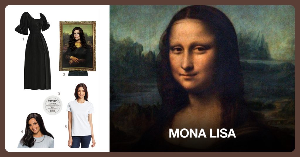 Medieval Costume Dress, Mona Lisa Costume, Bronze Face Paint and Mona Lisa Wig beside Mona Lisa