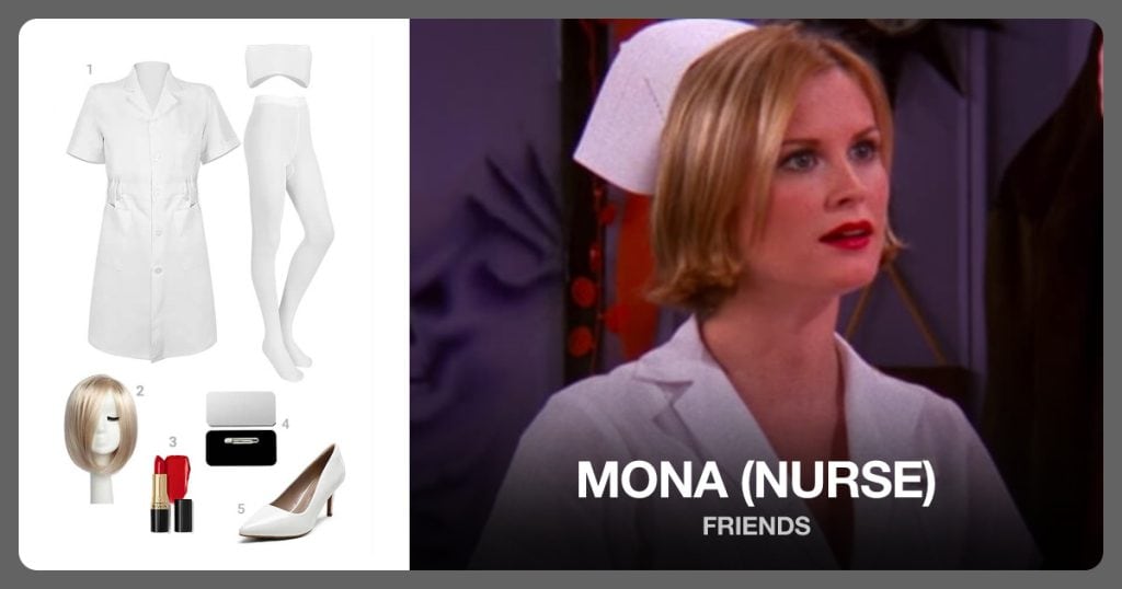 Nurse Dress Costume, Women’s High Stiletto Heels, Red Lipstick and Blank Name Badge beside Mona (Nurse)