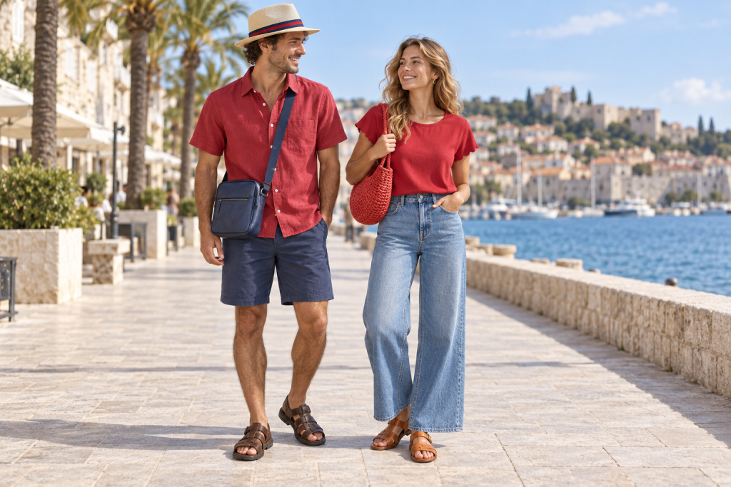 An adult man wearing a red shirt, navy shorts and a natural straw fedora with a red-and-navy band stands beside an adult woman in a red top and wide blue jeans.