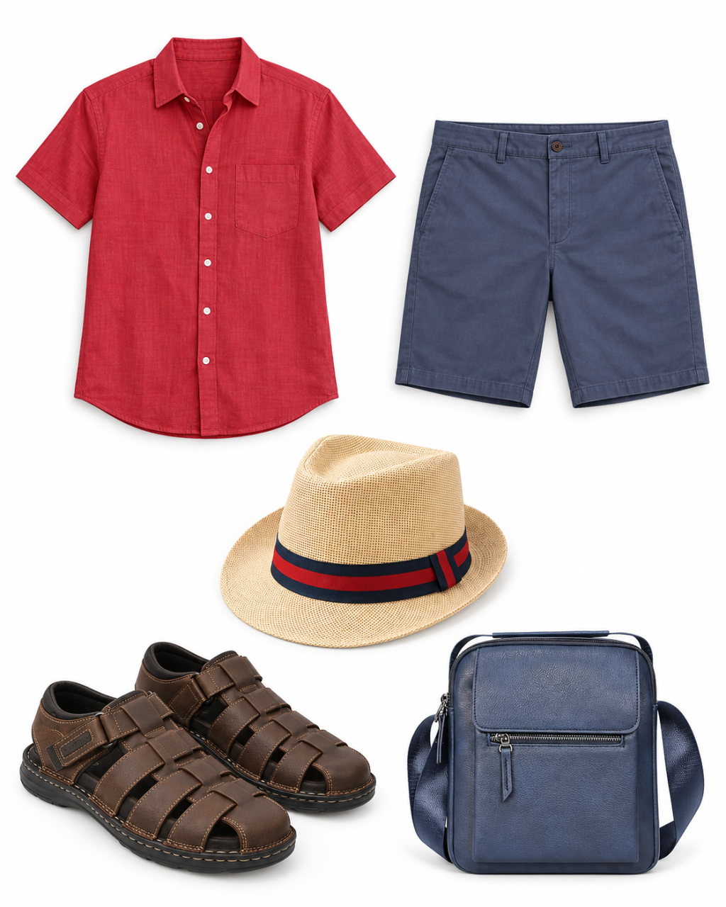 Red short-sleeve linen shirt, navy shorts, natural straw fedora with red-and-navy striped band, navy men’s crossbody bag and brown leather open-toe fisherman sandals arranged on white.
