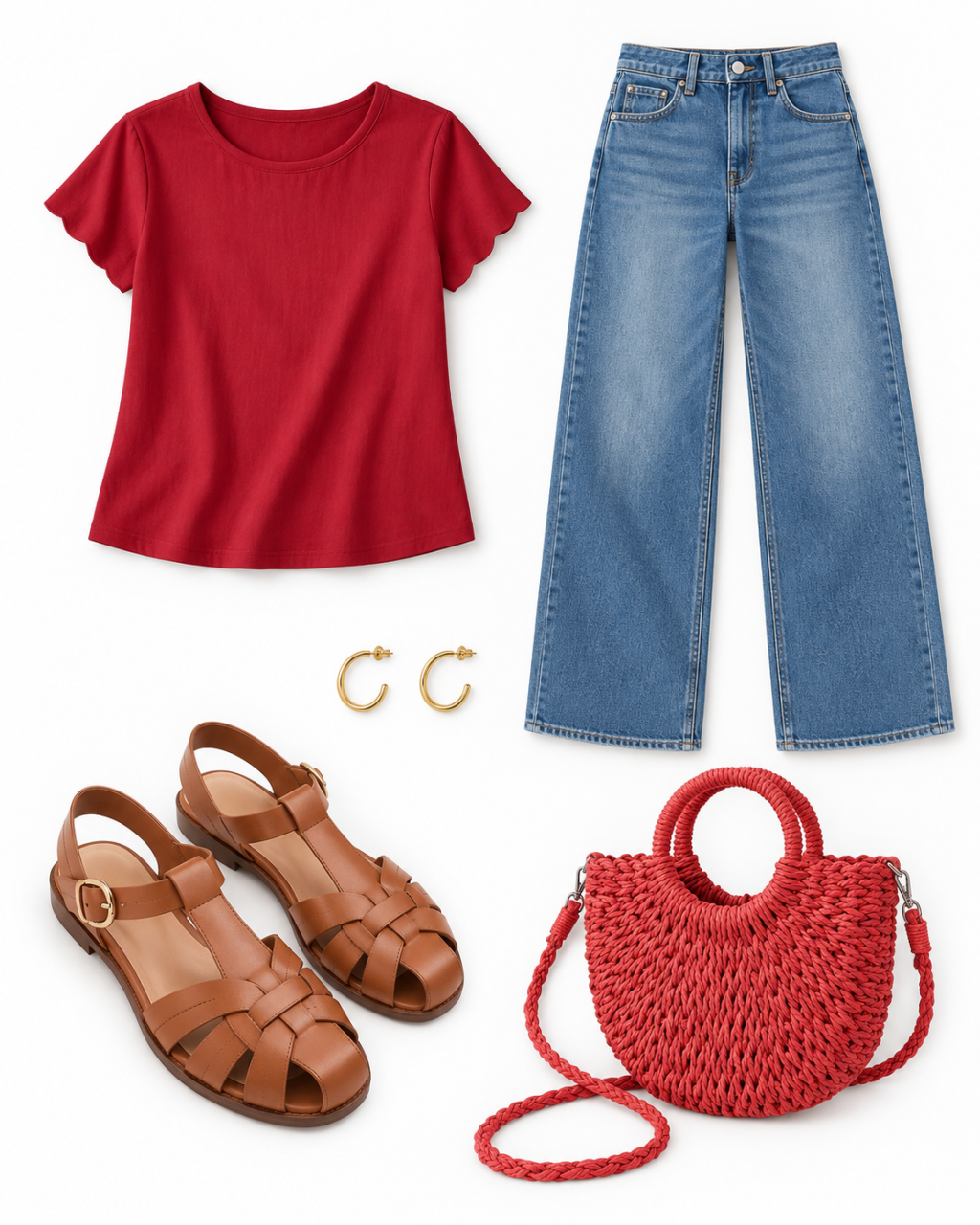 Red short-sleeve cotton top, blue wide-leg jeans, small gold hoop earrings, tan leather fisherman sandals and red woven shoulder bag arranged on white.