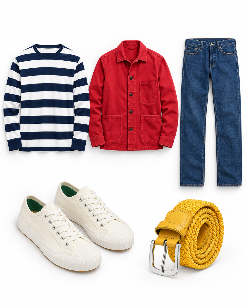 Navy-and-white striped long-sleeve shirt, medium-red chore jacket, dark-stone jeans, off-white canvas sneakers and yellow braided belt arranged on white.