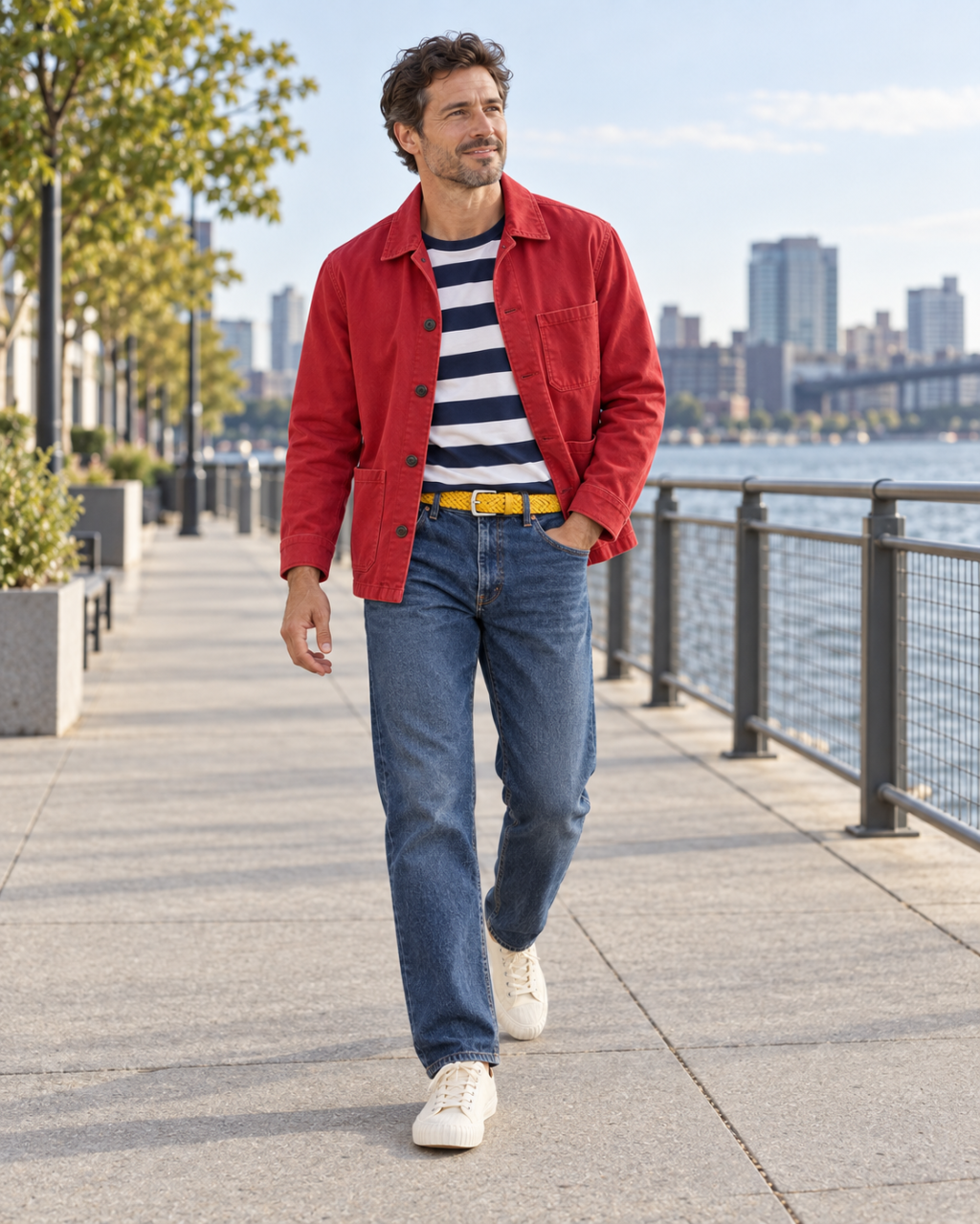 An adult man wears a red chore jacket over a navy-and-white striped shirt with dark jeans and off-white sneakers.