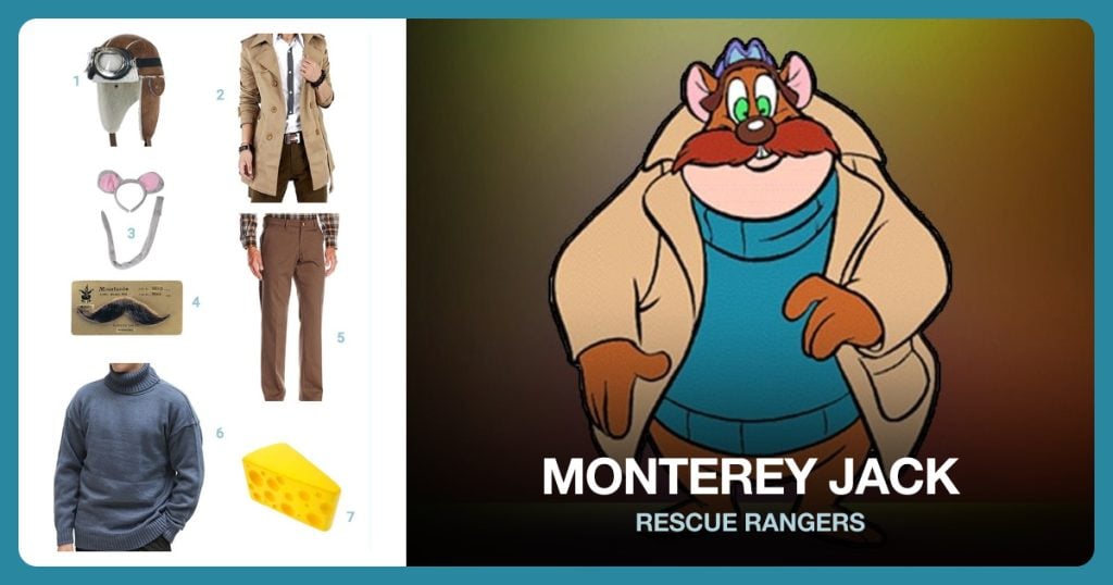 Aviator Hat with Goggles, Comfy Khaki Trench Coat and Grey Mouse Ears & Tail Costume Set beside Monterey Jack