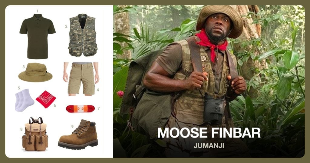 Olive Green Collared Shirt, Cargo Vest, Bucket Hat Cap and Cargo Shorts beside Moose Finbar