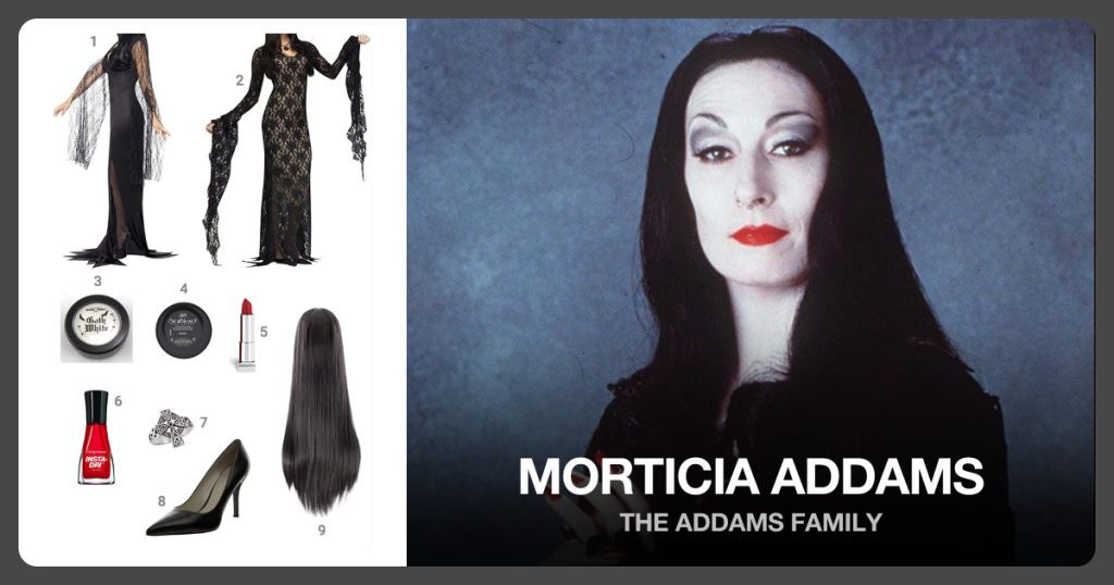 Immortal Soul Costume, Miss Darkness Costume, Goth White Cream Foundation and StarBlend Cake Makeup beside Morticia Addams