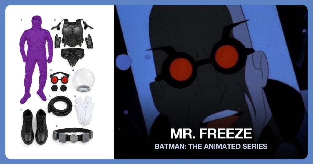 Purple Cryogenic Bodysuit, Black Tactical Chest Armor, Red Round Goggles and Clear Dome Helmet beside Mr. Freeze