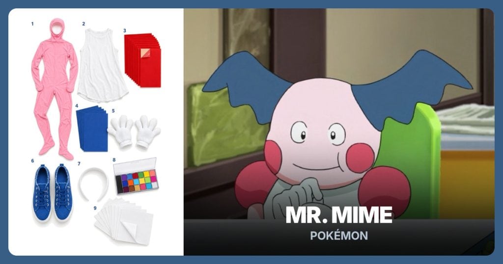 Pink Open-Face Bodysuit, White Sleeveless Tunic, Red Adhesive Felt and Blue Craft Foam beside Mr. Mime